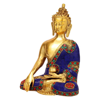 Brass Buddha Idol in Bhumisparsha Mudra Statue Tibetan Buddhist Decor Height 9 Inch Weight 2.7 Kg Mult-Color