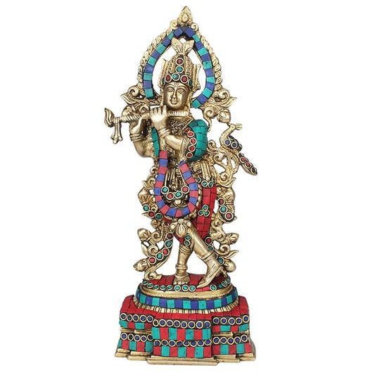 Brass Krishna Bhagwan Idol Murli Kishan Murti Playing Bansuri Gift for Home Mandir Decor Marriage Height 13.7 Inch