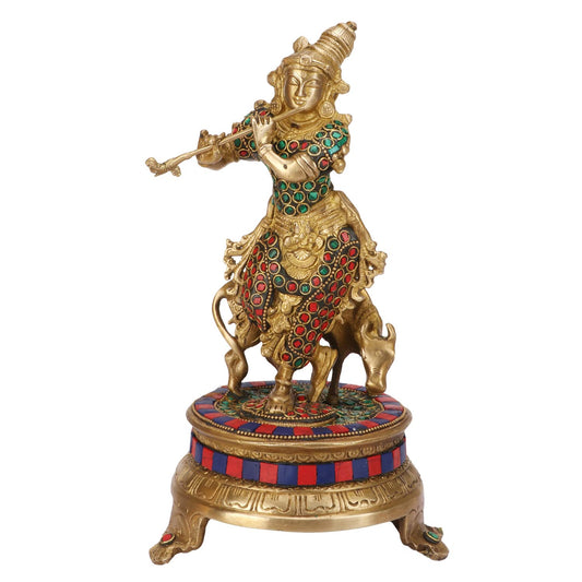 Brass Shri Krishna Idol with Cow Kishan Bhagwan Murti Lord Krishna Cow Statue with Flute Big Size Height 11 Inch