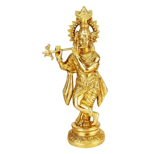 Brass Krishna Bhagwan Idol Murli Kishan Murti Playing Bansuri Gift for Home Mandir Decor Marriage Height 15 Inch