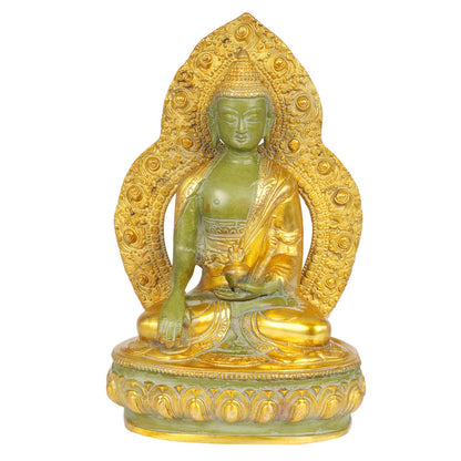 Brass Buddha Idol in Bhumisparsha Mudra Statue Tibetan Buddhist Décor Height 9.5 Inch Weight 2.7 Kg Color Gold and Green