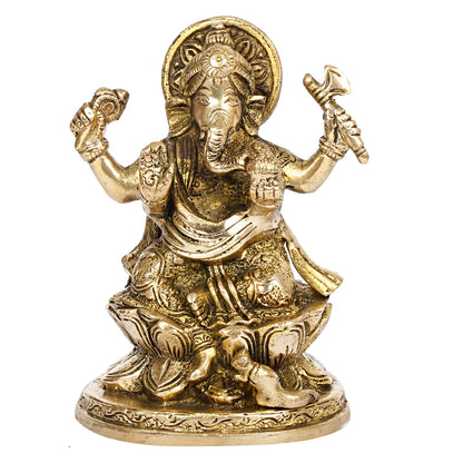 Brass Ganesha Sitting on Lotus Idol Ganesha Statue Ganpati Murti for Home Decor Puja Gift Height 5 Inch.