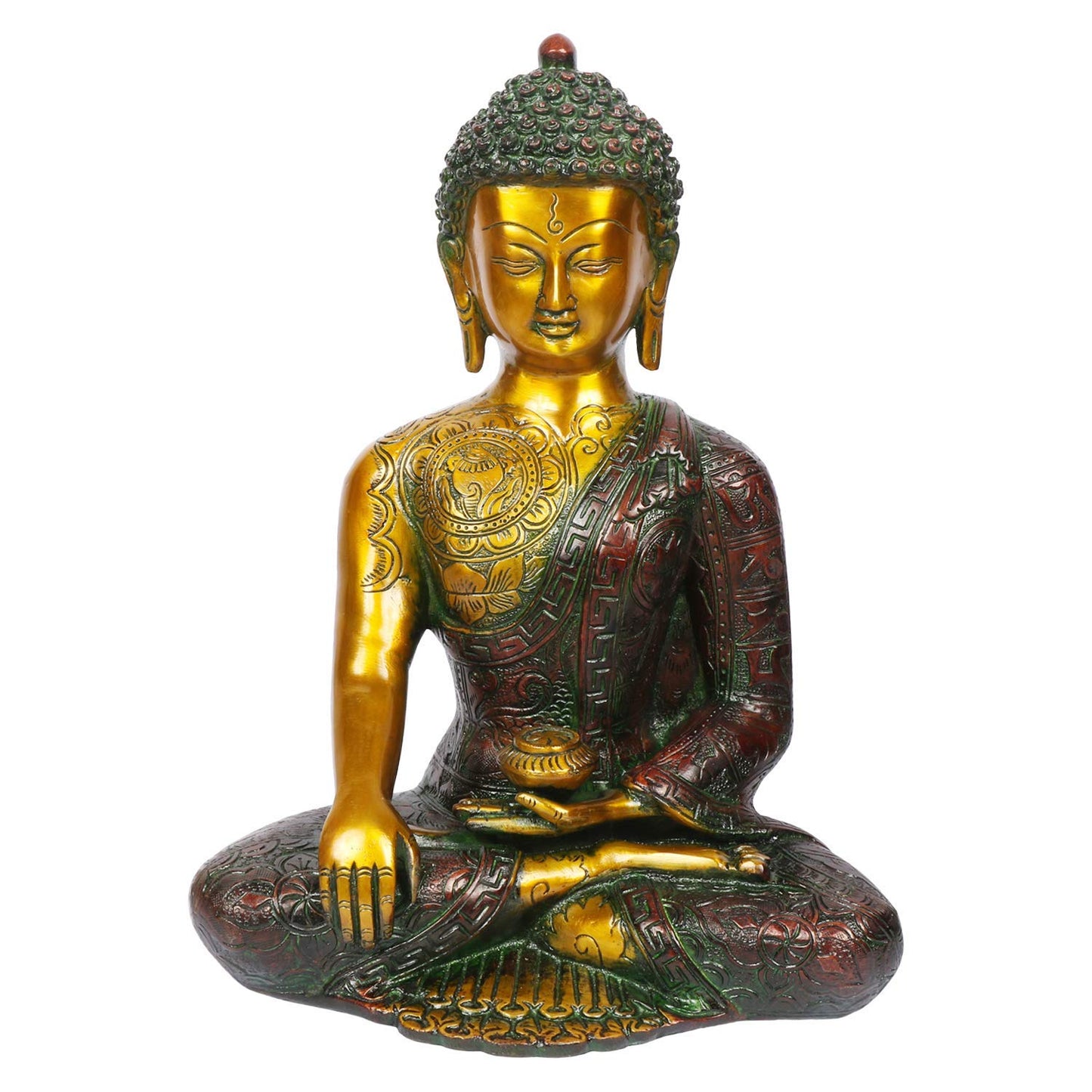 Brass Buddha Idol in Bhumisparsha Mudra Statue Tibetan Buddhist Décor Height 12 Inch Weight 6 Kg Color Golden Cherry