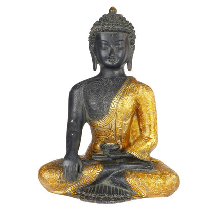 Brass Buddha Idol in Bhumisparsha Mudra Statue Tibetan Buddhist Décor Height 12 Inch Weight 6 Kg Color Golden Black