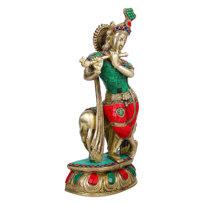 Brass Shri Krishna Idol with Cow Kishan Bhagwan Murti Lord Krishna Cow Statue with Flute Big Size Height 14 Inch