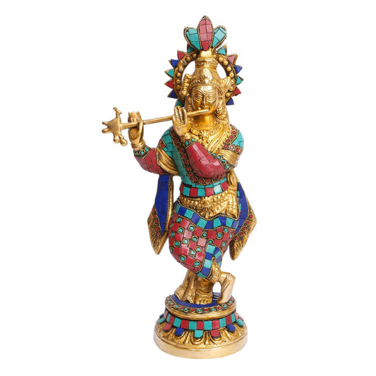 Brass Krishna Bhagwan Idol Murli Kishan Murti Playing Bansuri Gift for Home Mandir Decor Marriage Height 15 Inch