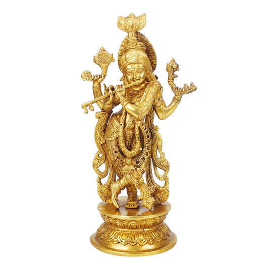 Brass Lord Krishna Statue Krishan Playing Flute Home Decor for Living Room Pooja Gift Item Gold Color Height 12 Inch