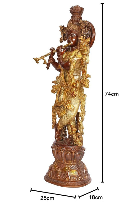 Brass Krishna Bhagwan Idol Murli Kishan Murti Playing Bansuri Gift for Home Mandir Decor Marriage Height 29 Inch