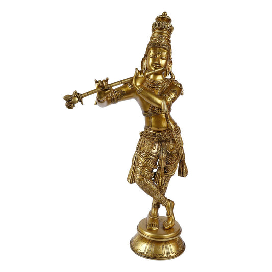 Brass Krishna Bhagwan Idol Murli Kishan Murti Playing Bansuri Gift for Home Mandir Decor Marriage Height 23 Inch