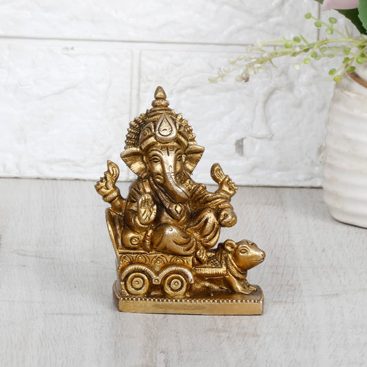 Brass Ganesh Bhagwan Idol Rat Rath Ganesha Statue Ganpati Murti Height 3.75 Inch