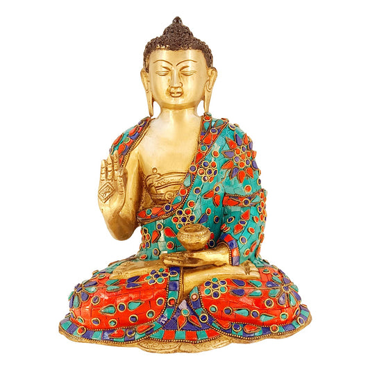 Brass Gautam Buddha Idol Statue Murti Draped in Stone Embellished Shawl for Home Decoration Blessing Buddha Height 11 Inch