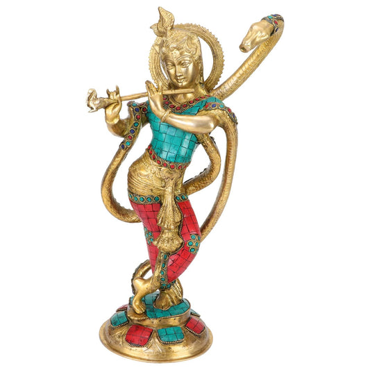 Brass Krishna Bhagwan Idol Murli Kishan Murti Playing Bansuri Gift for Home Mandir Decor Marriage Height 15 Inch