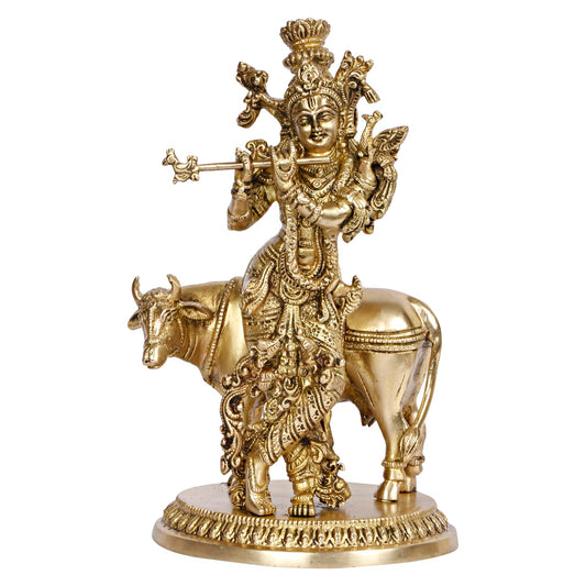 Brass Shri Krishna Idol with Cow Kishan Bhagwan Murti Lord Cow Krishna Statue for Living Room Decor Gold Color 10 Inch