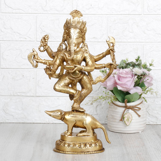 Brass Lord Ganesha Bhagwan Idol Ganesh on Rat Mooshak Ganpati Statue for Home Entrance Living Room Decor Height 12 Inch