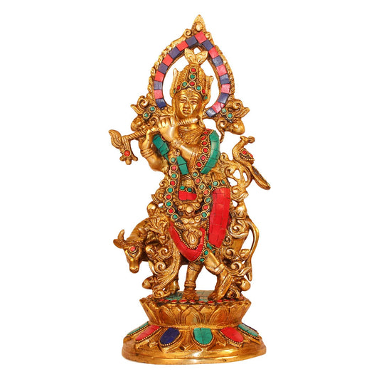 Brass Shri Krishna Idol with Cow Kishan Bhagwan Murti Lord Krishna Cow Statue with Flute Big Size Height 12 Inch