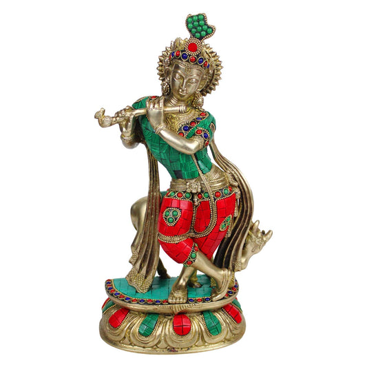 Brass Shri Krishna Idol with Cow Kishan Bhagwan Murti Lord Krishna Cow Statue with Flute Big Size Height 14 Inch