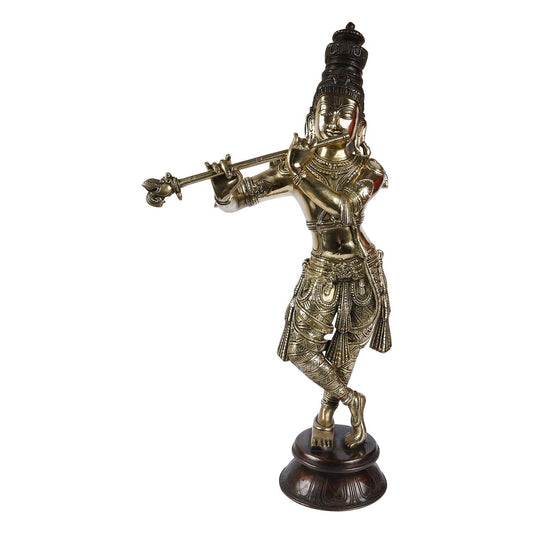 Brass Krishna Bhagwan Idol Murli Kishan Murti Playing Bansuri Gift for Home Mandir Decor Marriage Height 23 Inch