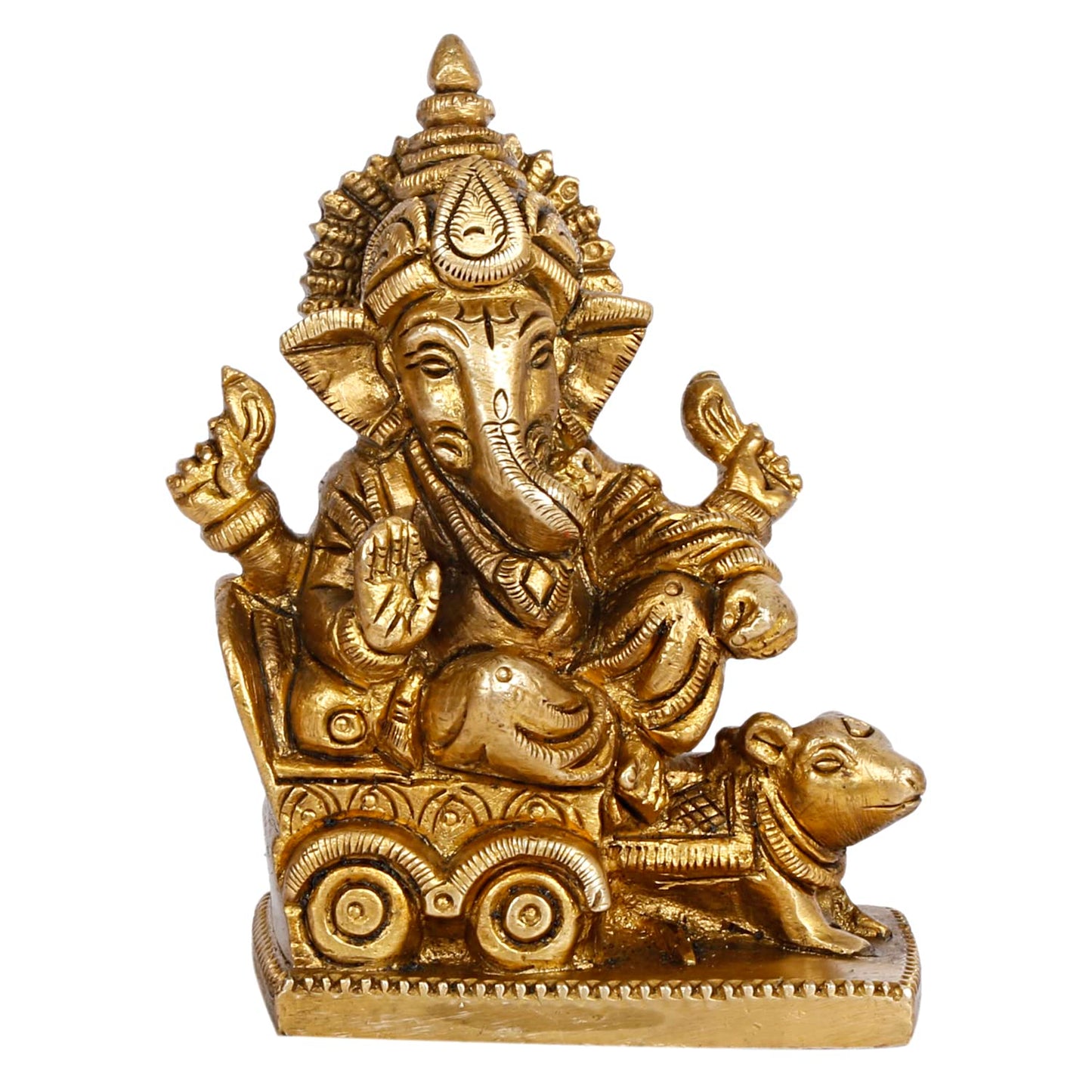 Brass Ganesh Bhagwan Idol Rat Rath Ganesha Statue Ganpati Murti Height 3.75 Inch