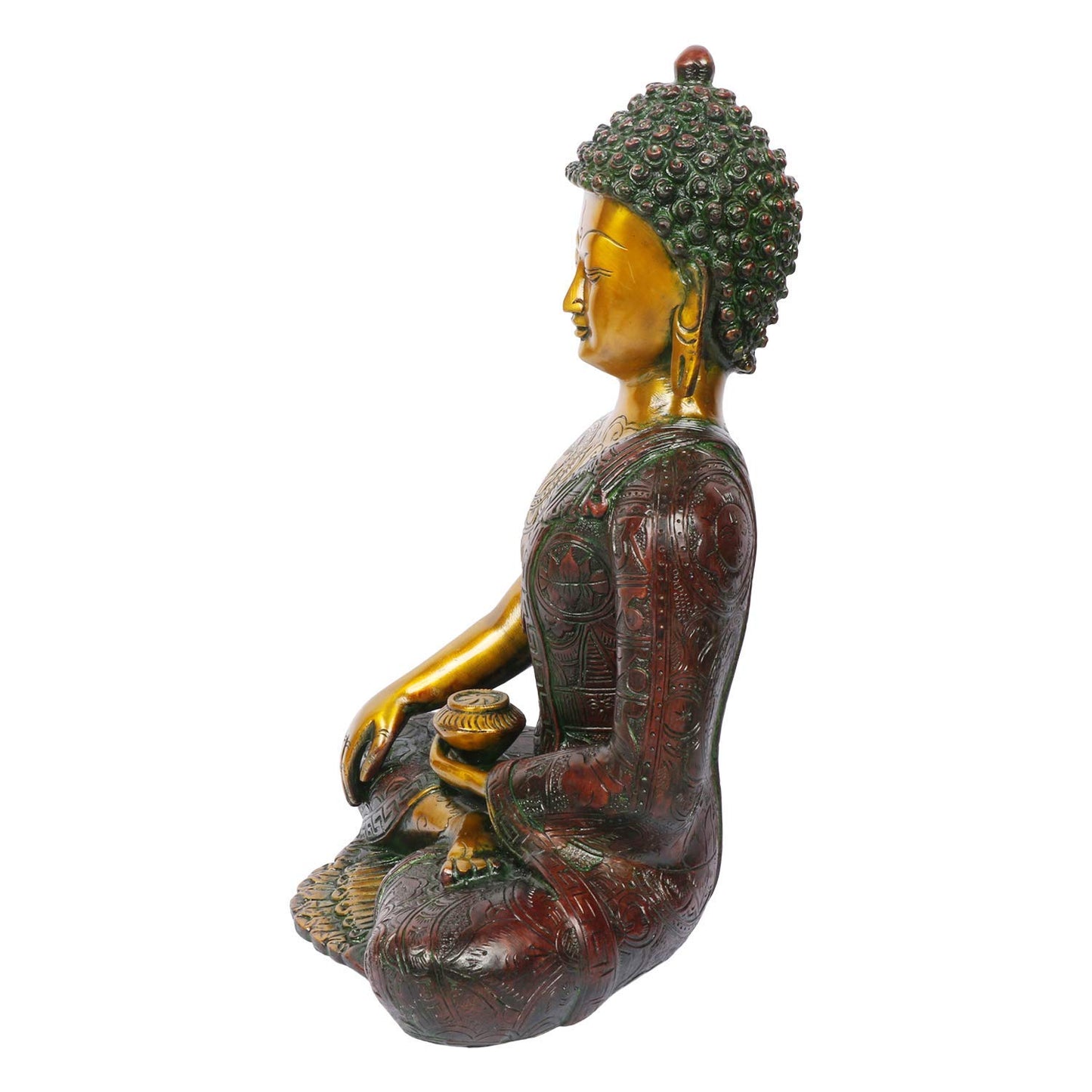 Brass Buddha Idol in Bhumisparsha Mudra Statue Tibetan Buddhist Décor Height 12 Inch Weight 6 Kg Color Golden Cherry