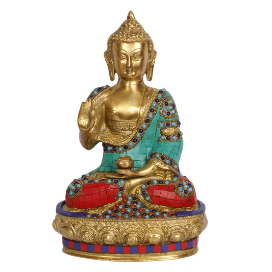 Brass Gautam Buddha Idol Statue Murti Draped in Stone Embellished Shawl for Home Decoration Blessing Buddha Height 12...