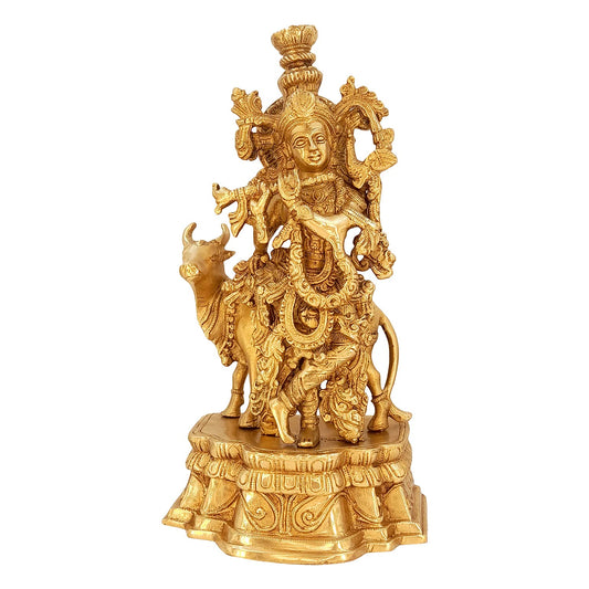 Brass Shri Krishna Idol with Cow Kishan Bhagwan Murti Lord Krishna Cow Statue with Flute Big Size Height 12 Inch