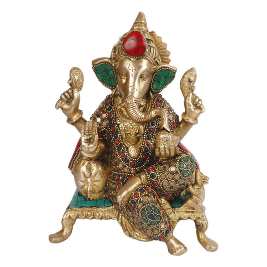 Brass Ganesha Idol for Home Decoration Ganpati Statue Murti for Gift Height 8.5 Inch Weight 3 Kg Color Multicolor