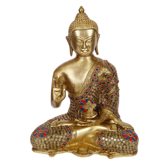 Brass Gautam Buddha Idol Statue Murti Draped in Stone Embellished Shawl for Home Decoration Blessing Buddha Height 10 Inch