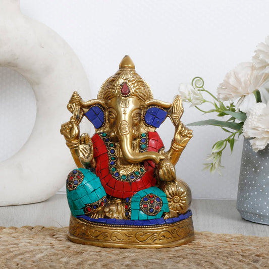 Brass Ganesh Sitting Ganesha Idol In Multicolor for Puja Home Decor Height 6.5 Inch