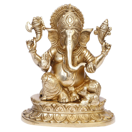 Brass Ganesha Idol for Home Decoration Ganpati Statue Murti for Gift Height 8.5 Inch Weight 3 Kg Color Gold