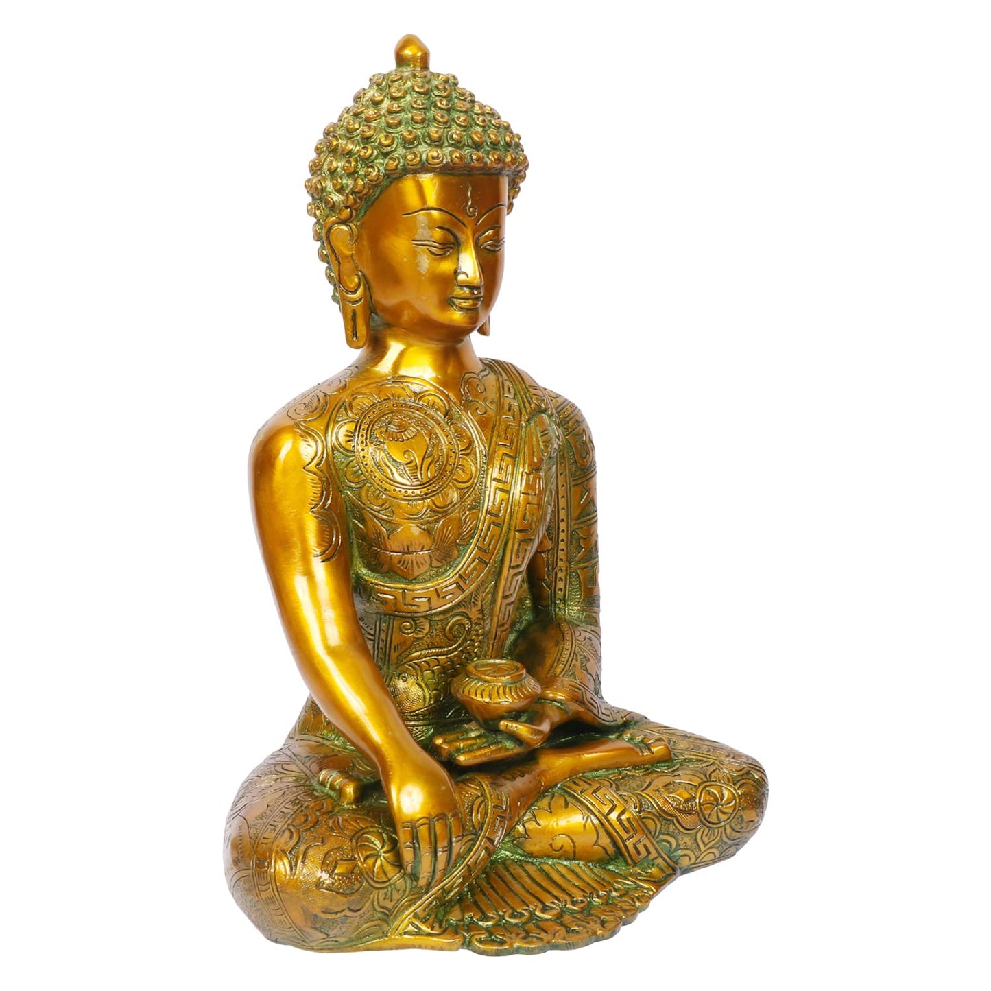 Brass Buddha Idol in Bhumisparsha Mudra Statue Tibetan Buddhist Décor Height 12 Inch Weight 6 Kg Color Golden Green