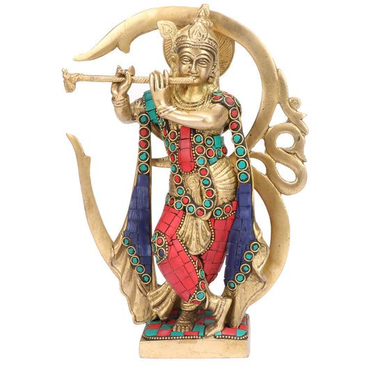 Brass Lord Om Krishna Statue Krishan Playing Flute Multicolor Home Decor for Living Room Pooja Gift Item Height 8.75 ...