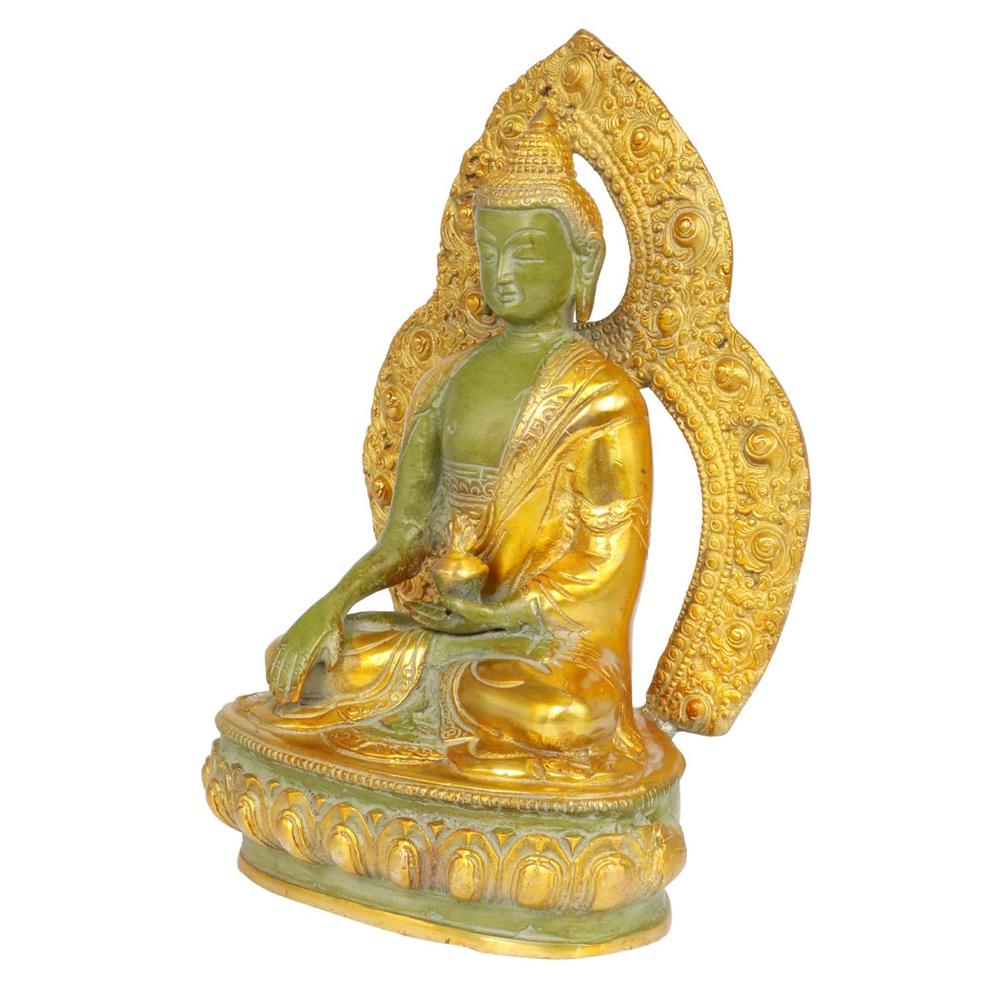 Brass Buddha Idol in Bhumisparsha Mudra Statue Tibetan Buddhist Décor Height 9.5 Inch Weight 2.7 Kg Color Gold and Green