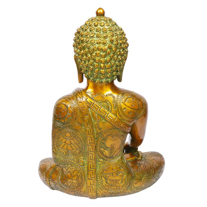 Brass Buddha Idol in Bhumisparsha Mudra Statue Tibetan Buddhist Décor Height 12 Inch Weight 6 Kg Color Golden Green