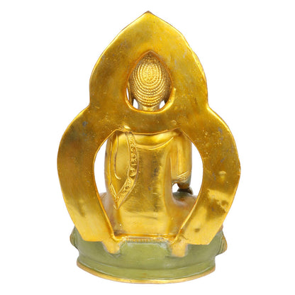 Brass Buddha Idol in Bhumisparsha Mudra Statue Tibetan Buddhist Décor Height 9.5 Inch Weight 2.7 Kg Color Gold and Green