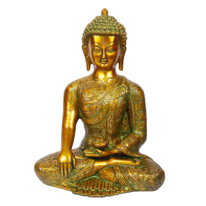 Brass Buddha Idol in Bhumisparsha Mudra Statue Tibetan Buddhist Décor Height 12 Inch Weight 6 Kg Color Golden Green