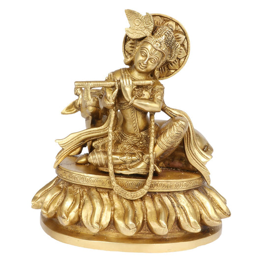 Brass Shri Krishna Idol with Cow Kishan Bhagwan Murti Lord Krishna Cow Statue with Flute Big Size Height 8.5 Inch