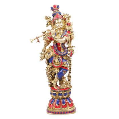 Brass Krishna Big Size Kishan Murti Idol Statue Sculpture Decorative Showpiece for Home Office Decor Multicolour (29")