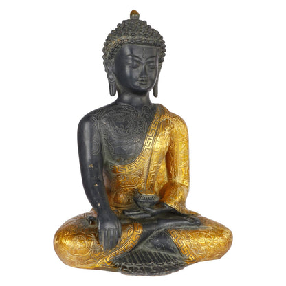 Brass Buddha Idol in Bhumisparsha Mudra Statue Tibetan Buddhist Décor Height 12 Inch Weight 6 Kg Color Golden Black