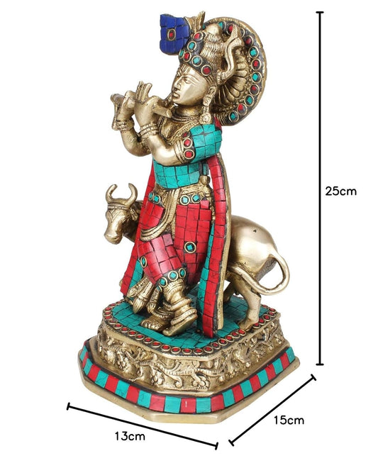 Brass Shri Krishna Idol with Cow Kishan Bhagwan Murti Lord Krishna Cow Statue Height 10 Inch Weight 2.7 Kg Multicolor