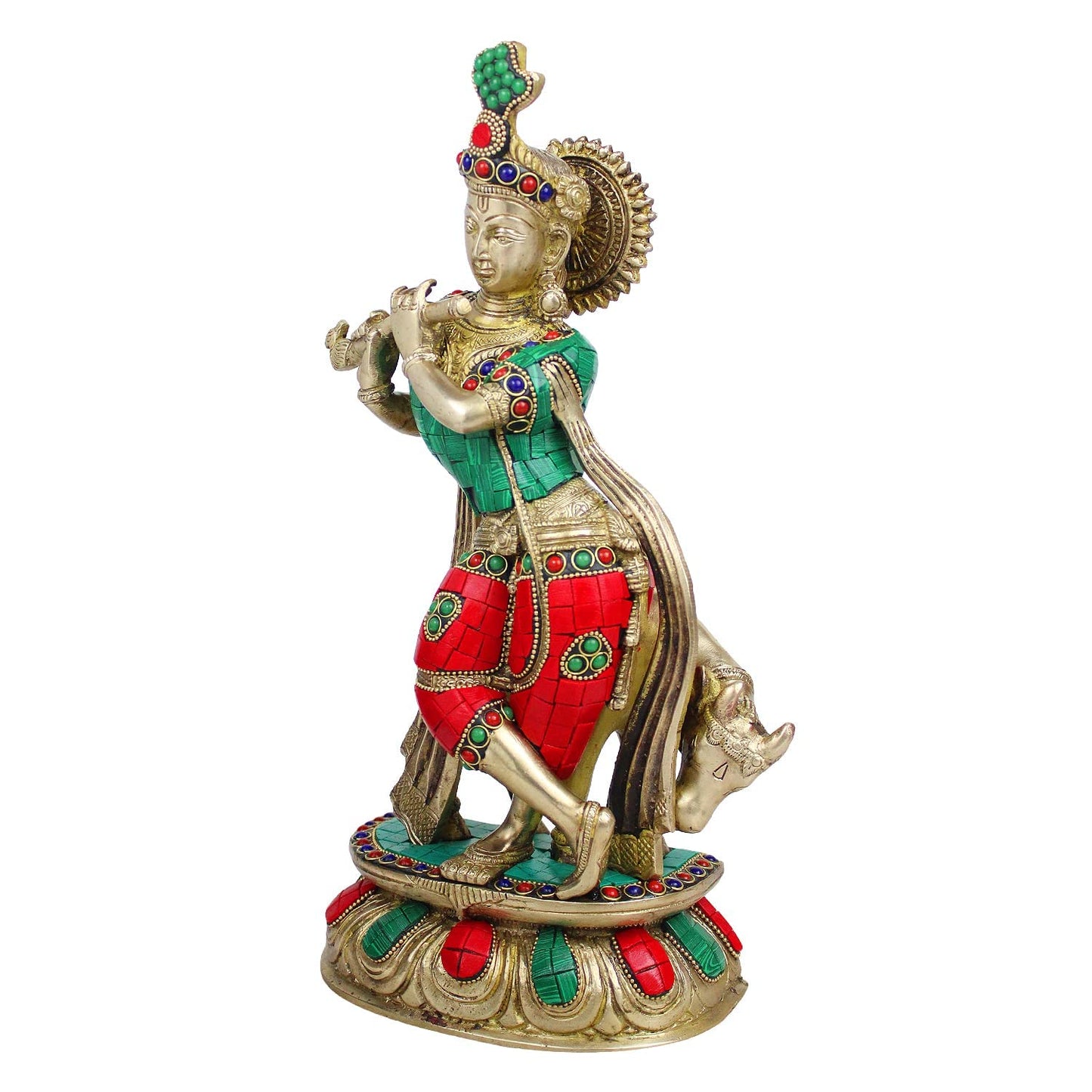 Brass Shri Krishna Idol with Cow Kishan Bhagwan Murti Lord Krishna Cow Statue with Flute Big Size Height 14 Inch