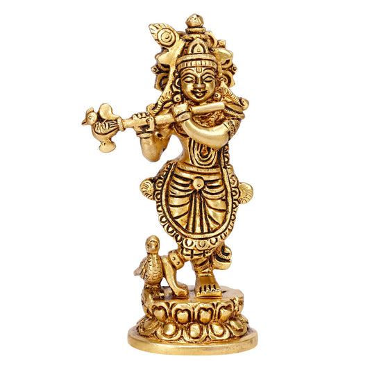 Brass Lord Krishna Idol with Flute Kanha Ji ki Murti Idols For Puja Decor Gift Gold Color Height 6 Inches