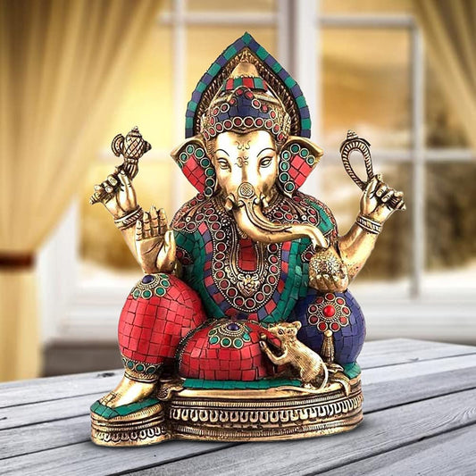 Brass Ganesha Idol for Home Decoration Ganpati Statue Murti for Gift Height 13 Inch Weight 9 Kg Color Multicolor