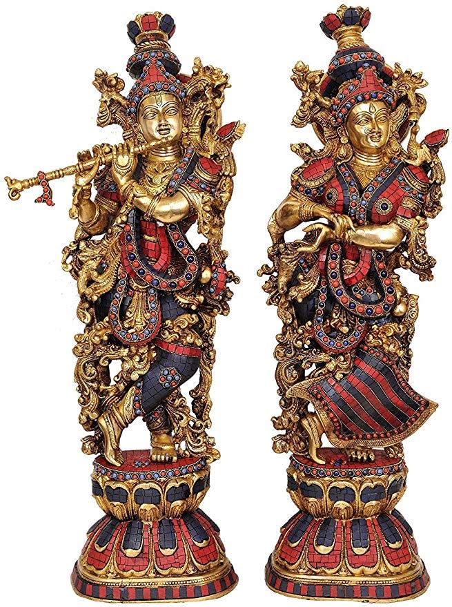 Brass Big Radha Krishna Idol Radhay Krishan Murti in Multicolor Height 29 Inch