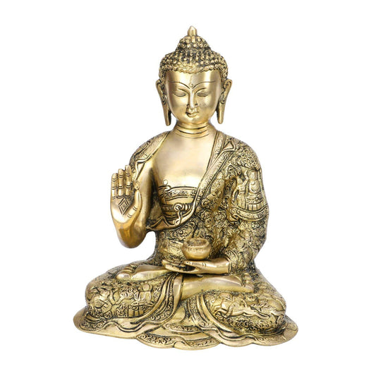 Brass Gautam Buddha Idol Statue Murti Draped in Stone Embellished Shawl for Home Decoration Blessing Buddha Height 10 Inch