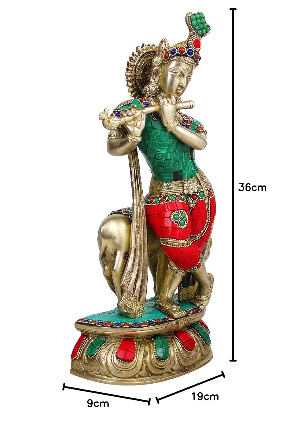 Brass Shri Krishna Idol with Cow Kishan Bhagwan Murti Lord Krishna Cow Statue with Flute Big Size Height 14 Inch