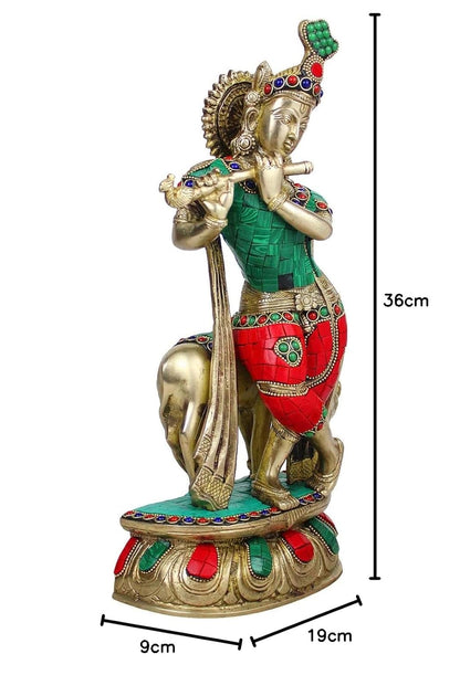 Brass Shri Krishna Idol with Cow Kishan Bhagwan Murti Lord Krishna Cow Statue with Flute Big Size Height 14 Inch