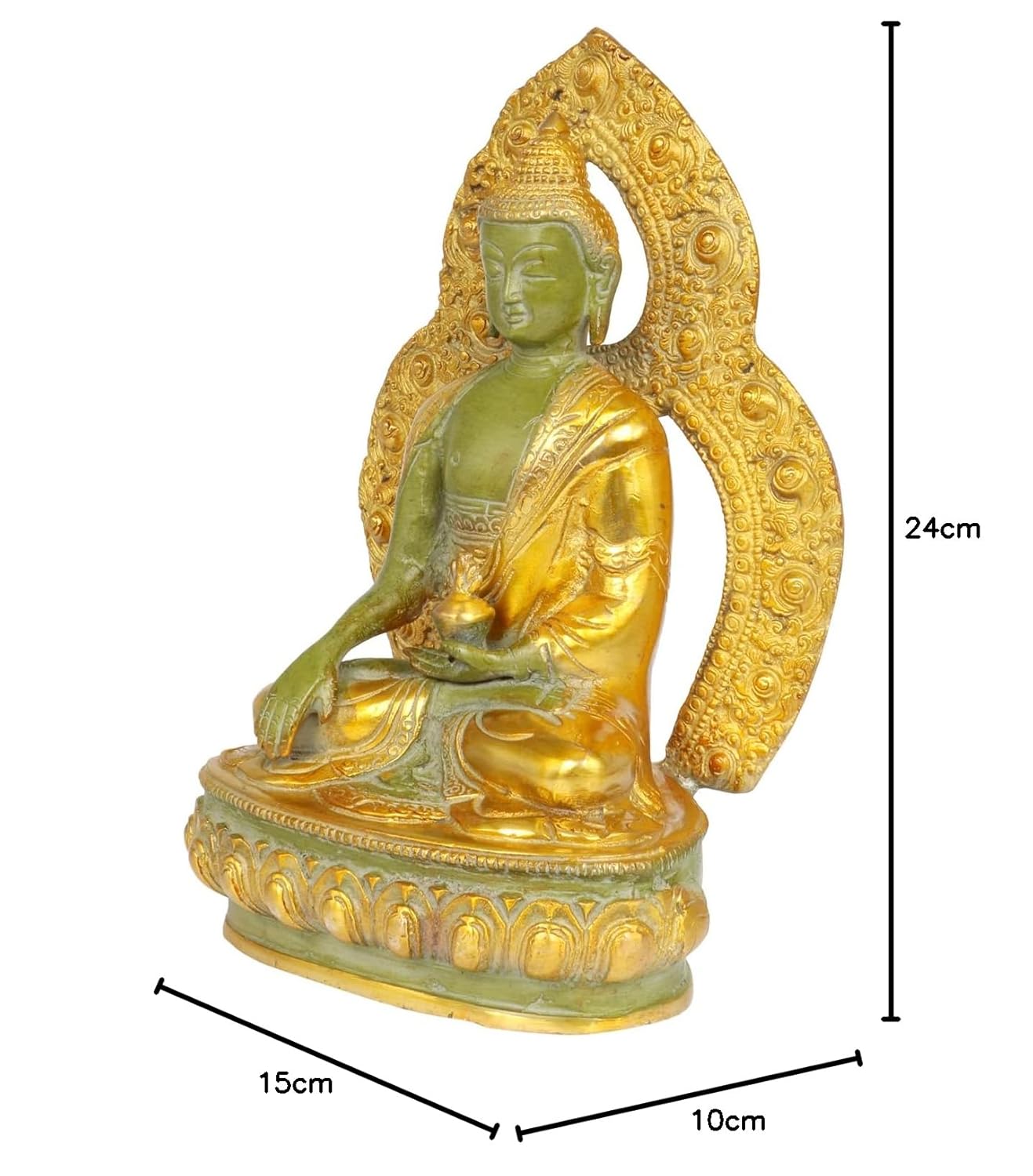 Brass Buddha Idol in Bhumisparsha Mudra Statue Tibetan Buddhist Décor Height 9.5 Inch Weight 2.7 Kg Color Gold and Green