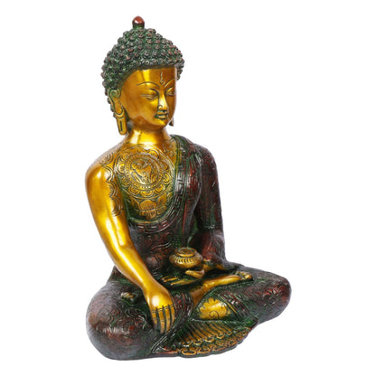 Brass Buddha Idol in Bhumisparsha Mudra Statue Tibetan Buddhist Décor Height 12 Inch Weight 6 Kg Color Golden Cherry