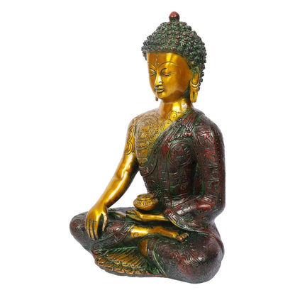 Brass Buddha Idol in Bhumisparsha Mudra Statue Tibetan Buddhist Décor Height 12 Inch Weight 6 Kg Color Golden Cherry