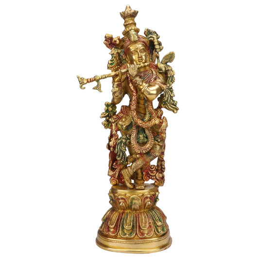 Brass Lord Krishna Idol Statue Krishna Sculpture Decorative Showpiece for Home Office Decor Height 15 Inches Multicolor